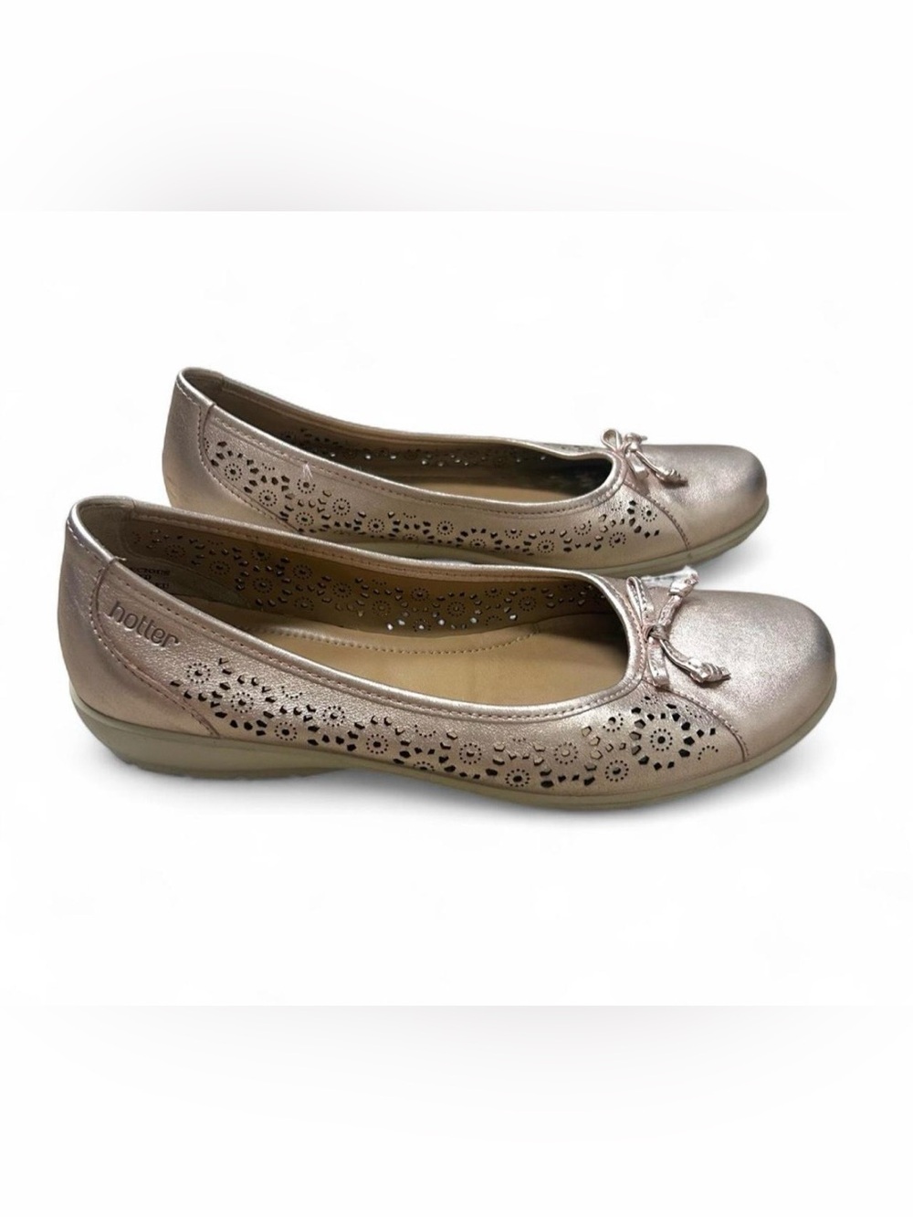 Hotter Ballet Flats Women 9.5 Pink Metallic Perforated Leather Comfort Shoe Bow